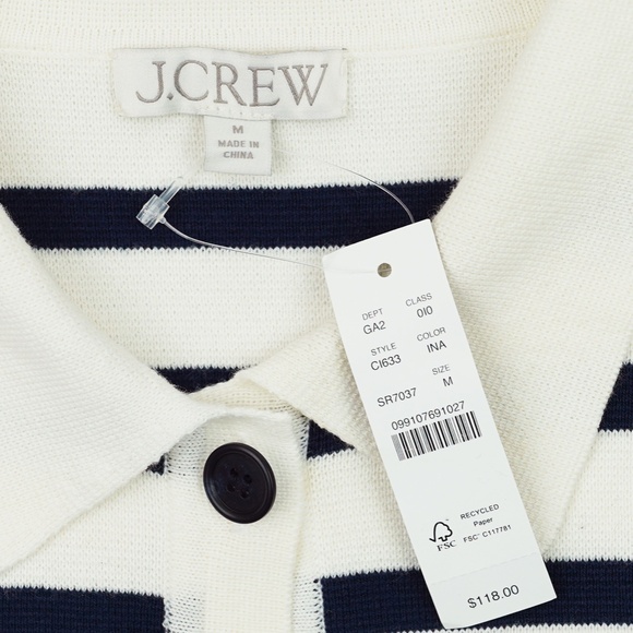 New JCREW Size M Collared Short-Sleeve Cardigan in Stripe Ivory Navy $118 CI633 - Picture 6 of 6